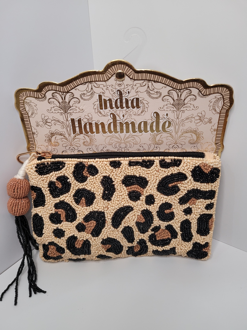Made In India Handmade Leopard Bead Coin Pouch  & Black